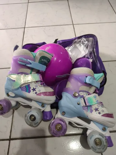 Patins Quad Infantil Sereia Ajustável (Tam 28 ao 32) + Kit Proteção Completo