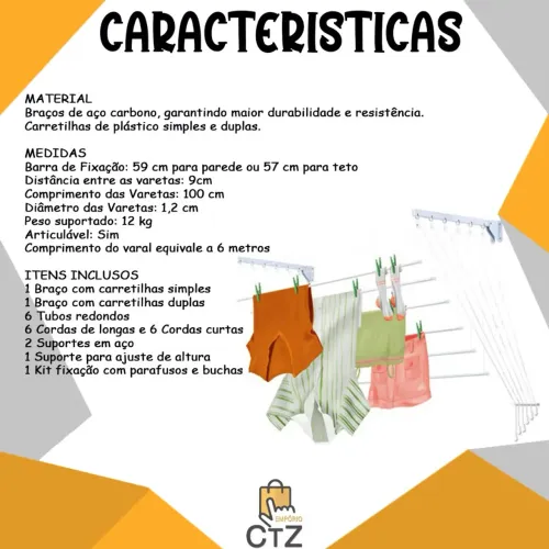 Varal Prático 1,00m 6 Varetas Independentes Teto Parede Aço Individual