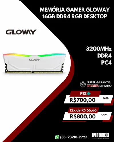 Memória Gamer Gloway 16GB DDR4 RGB Desktop