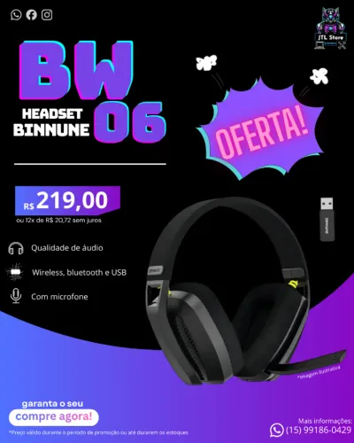 Headset Gamer Binnune BW06 S/ fio Black (NOVO)