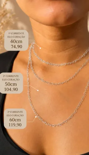 Corrente Elo Coração 40cm 50cm 60cm Prata 925