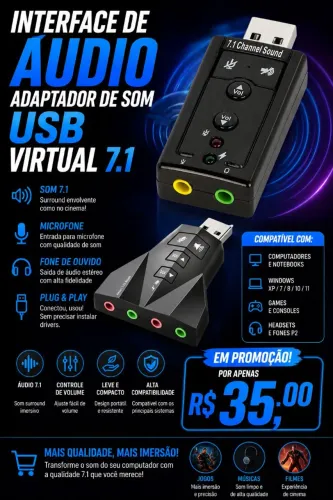 Interface de áudio adaptador de som USB virtual 7.1