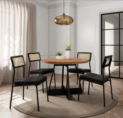 Conjunto de Jantar Redondo 4 Lugares Aço e Madeira Preto com Estofado Grafite
