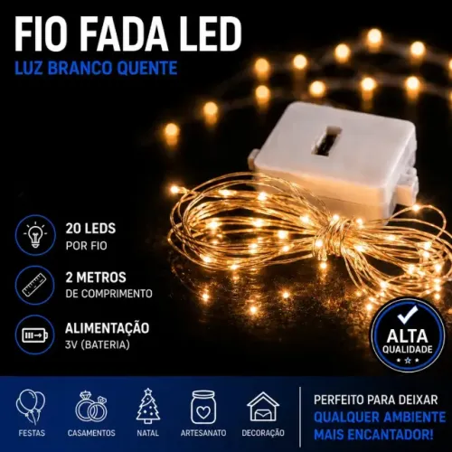 Cordão LED Fio de Fada 2m com 20 Luzes Branco Quente para Decoração - SCS99