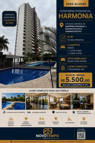 Apartamento Mobiliado com 3 suítes, disponível para Locação condomínio Harmonia
