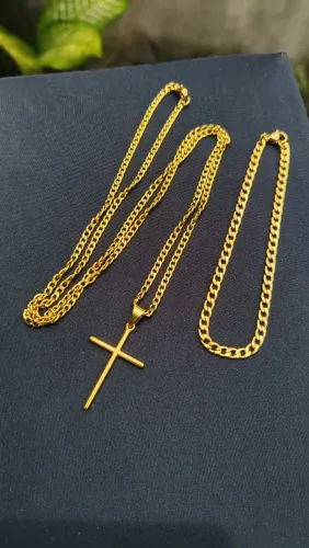 Corrente masculina Crucifixo e pulseira dourado em aço inoxidável