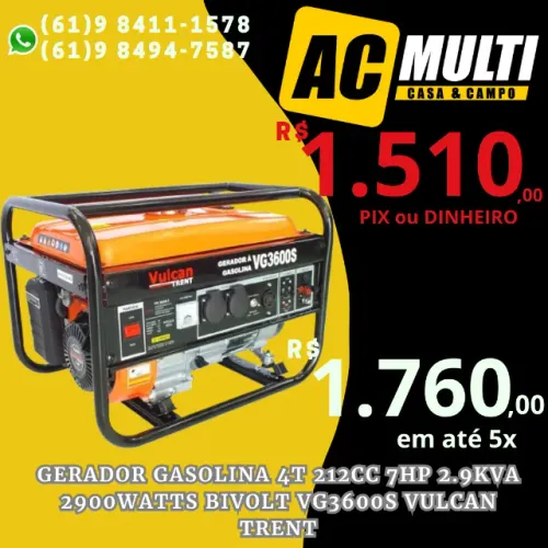 GERADOR GASOLINA 4T 212cc 7HP 2.9kVA 2900WATTS BIVOLT VG3600S VULCAN TRENT