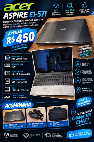 Notebook Acer Aspire E1-571 | 8GB RAM | SSD 447GB | Pronto para Uso!