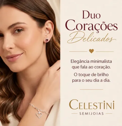 Duo Corações - Pulseira Elo Alongado e Brincos Coração Zircônia | Kit Presente Celestini