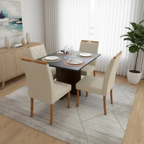 Mesa de Jantar Helo 120x90cm em Linho com 4 Cadeiras California / pronta entrega