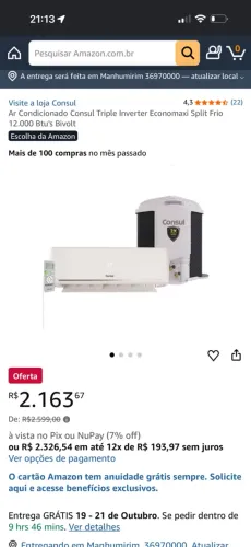 AR CONDICIONADO CONSUL 12.000 BTUH SPLIT INVERTER
