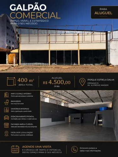 GALPÃO COM 400M2, BANHEIROS E DIVISÃO INTERNA ARA ALUGUEL. PROXIMO À AV ALFREDO NASSER