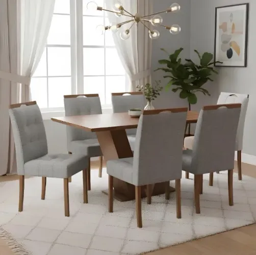 Conjunto Firenze 160 Cinamomo Laminado 6 Cadeiras Linho Cinza Grafite