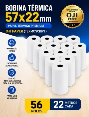 56 UND BOBINA TÉRMICA 57X22 PARA MÁQUINA DE CARTÃO