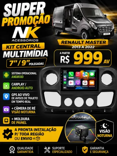Kit central Multimídia 7?/9? Renault Master 2013 a 2022