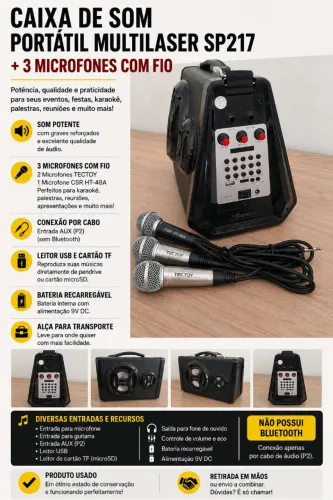 CAIXA DE SOM PORTÁTIL MULTILASER SP217 + 3 MICROFONES PARA KARAOKE 