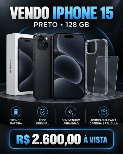 iPhone 15 preto - 128 gb. Sem nenhum detalhe. 90% saúde de bateria.