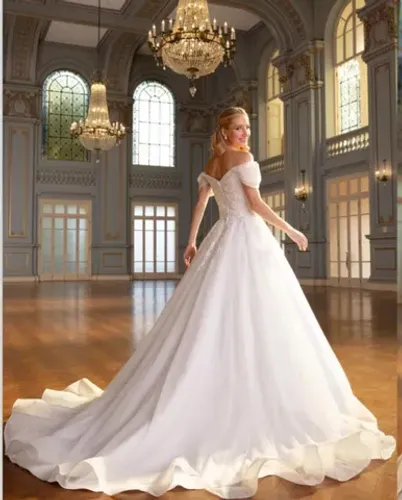 Vestido noiva rodado, branco, decote ombro a ombro.