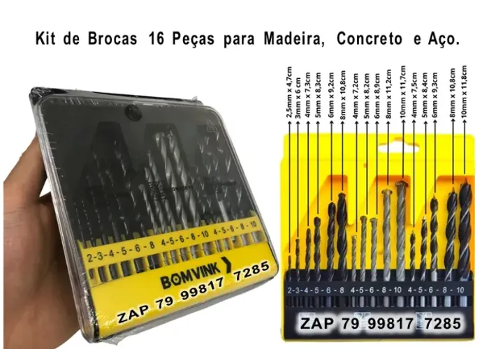 Kit Jogo de Brocas 16 Peças para Madeira, Concreto e Aço