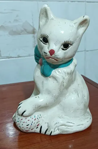 ANTIGO GATINHO DE GESSO*ANOS 50* PINTURA A MÃO 20x 15 x10cm VINTAGE 