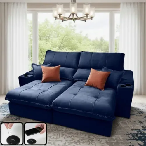 Sofa Retratil e Reclinavel Afrodite Slim 2,90 m Veludo Azul 104 - ZARAT ESTOFADOS