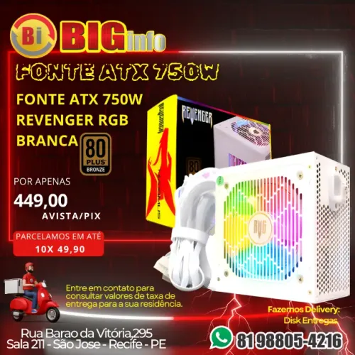 Fonte 80 Plus Pc Gamer 750w Atx Bronze Pfc Led Rgb -BRANCA