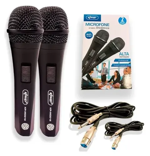 Kit Microfone Profissional Com Fio Dinâmico Duplo Knup Kp-m0015 Novo Na Caixa