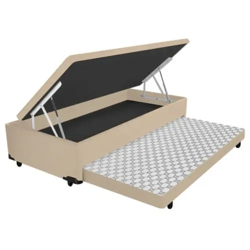 Cama Baú Solteiro Sintético Bege c/ Aux Espuma 41x88x188
