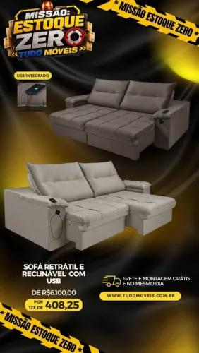 SOFA RETRÁTIL E RECLINÁVEL COM ENTRADA USB 