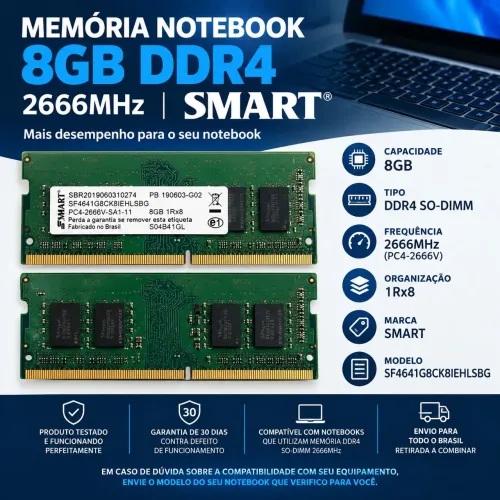 Memória Notebook 8GB DDR4 2666MHz SMART