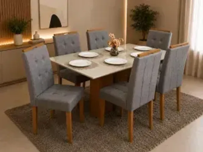 Mesa de Jantar Los Angeles com 6 Cadeiras Londres Linho Cinza - Em estoque