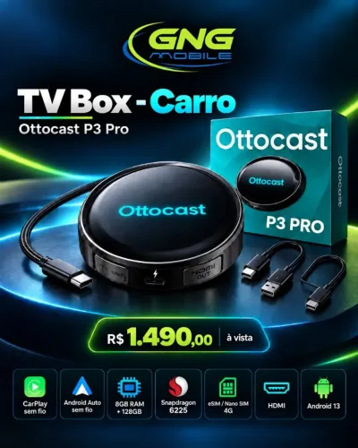 TV Box Para Carro - Ottocast P3 Pro Air Box Carplay - 128GB/8GB - HDMI - Novo