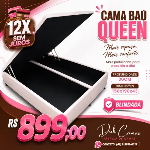 Aproveite! Cama Baú Queen Blindada 158x198x43 com 30cm de Baú! Por apenas R$899!