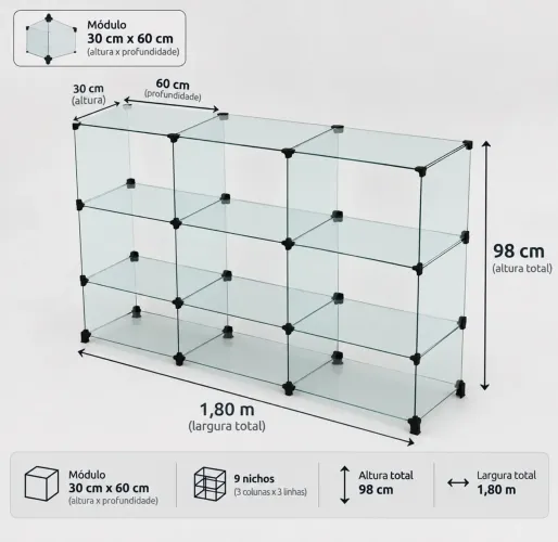 Balcão de Vidro Modulado com 9 nichos - Usado