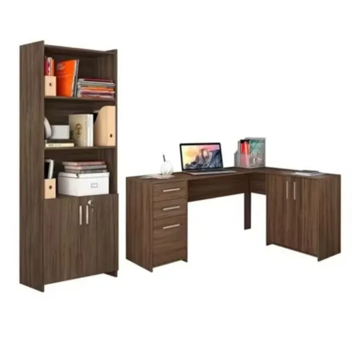 Conjunto Escritório: Mesa em L com Gaveteiro + Armário com Chave