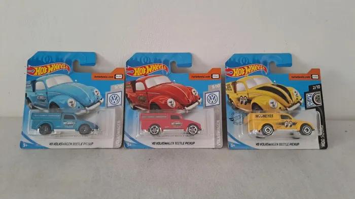 MT 3 VW '49 Beetle Pickup Volkswagen Fusca Hot Wheels Azul + Amarelo + Vermelho