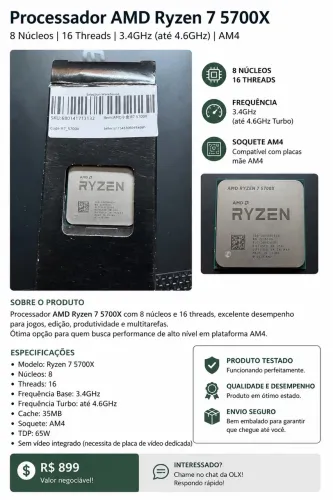 Processador AMD Ryzen 7 5700X | 8 Núcleos | 16 Threads | AM4