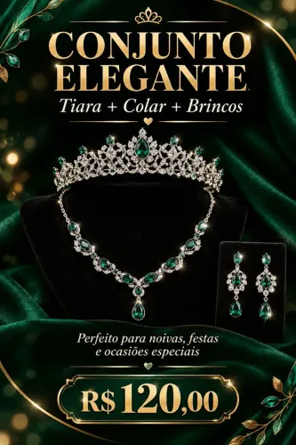 Conjunto elegante Tiara, Colar e Brincos, detalhe da pedra verde
