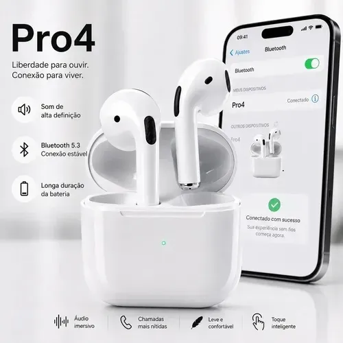 Pro 4 Fones De Ouvido TWS Sem Fio Bluetooth De Longa Duração Bateria Leve Portátil