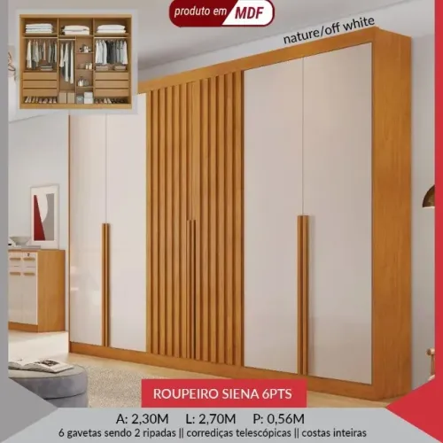 Guarda Roupa MDF, 6 porta de correr , portas ripadas
