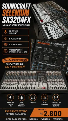 Mesa de Som Profissional Soundcraft Selenium SX3204FX - 32 Canais com Efeitos e USB