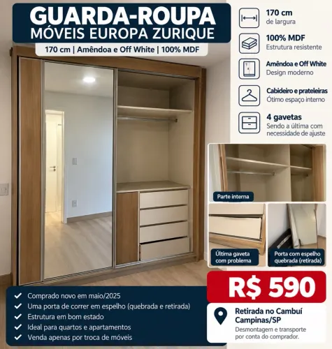 Guarda-Roupa Zurique Móveis Europa 170cm - MDF