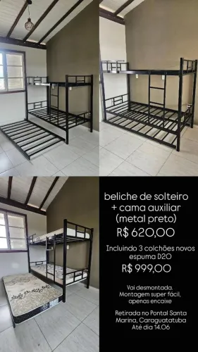 Bicama + cama auxiliar de metal