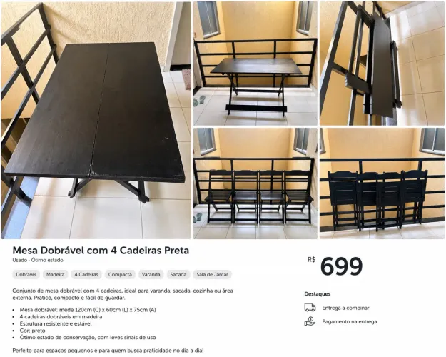 Mesa dobrável com 4 cadeiras - madeira - grande 