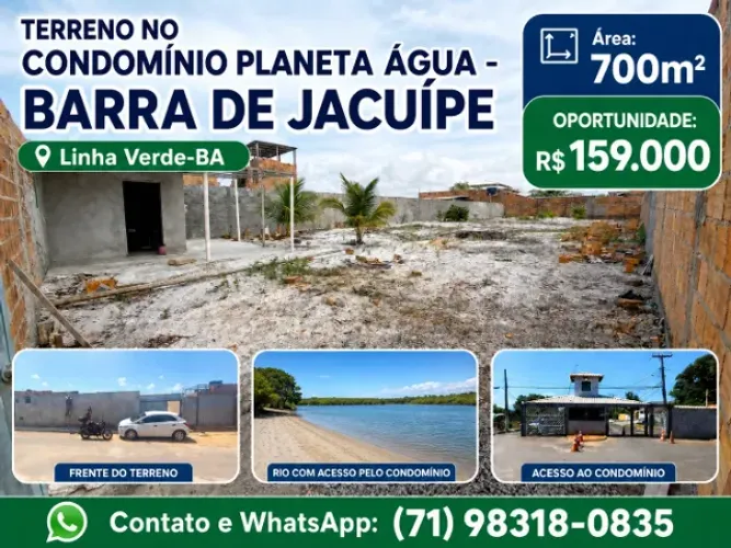 Terreno em Barra de Jacuípe, 705m², condomínio Planeta Água, acessos ao rio, Linha Verde