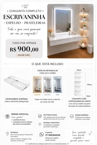 Conjunto Completo Escrivaninha + Espelho LED + Prateleiras ? Tudo Incluso!