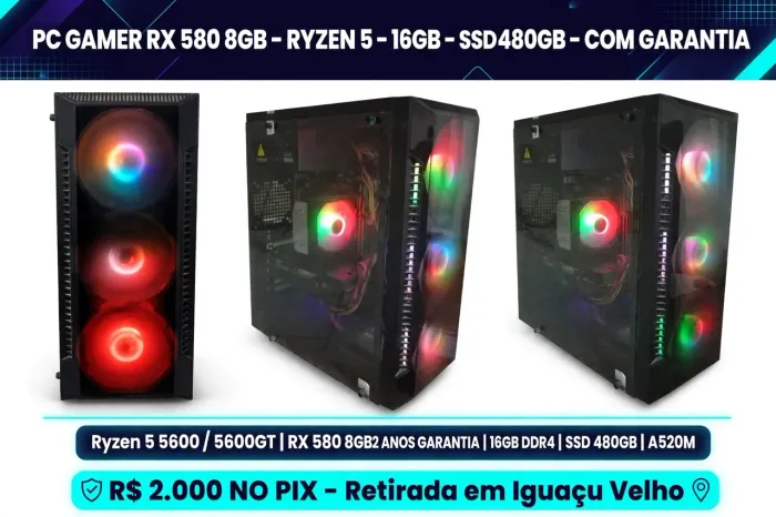 Pc gamer rx 580 com garantia e Ryzen 5 5600gt e 16gb ram