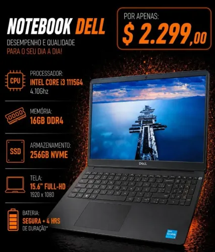 Notebook Dell i3 1115G4 4.10GHz / Mem 16Gb / SSD 256Gb / Tela 15.6" FullHD (aceito cartão)