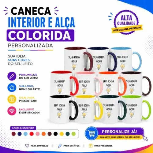Caneca de Porcelana Personalizada com Interior e Alça Colorido