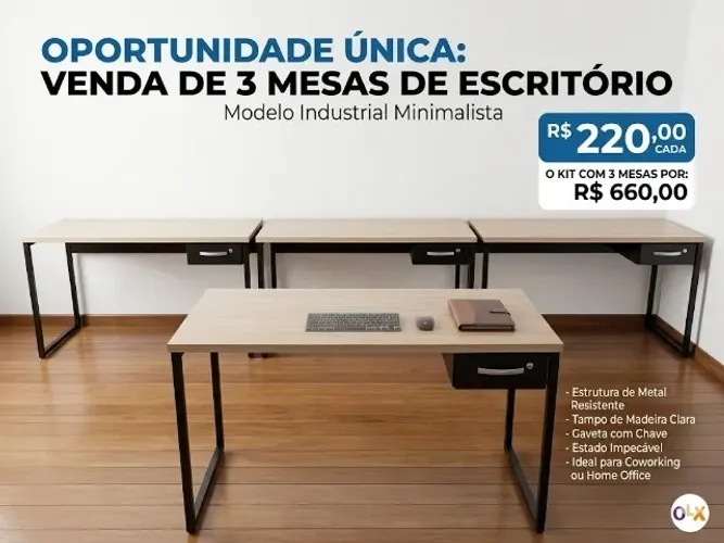 Oportunidade Única: 3 Mesas de Escritório Estilo Industrial - R$ 220 cada